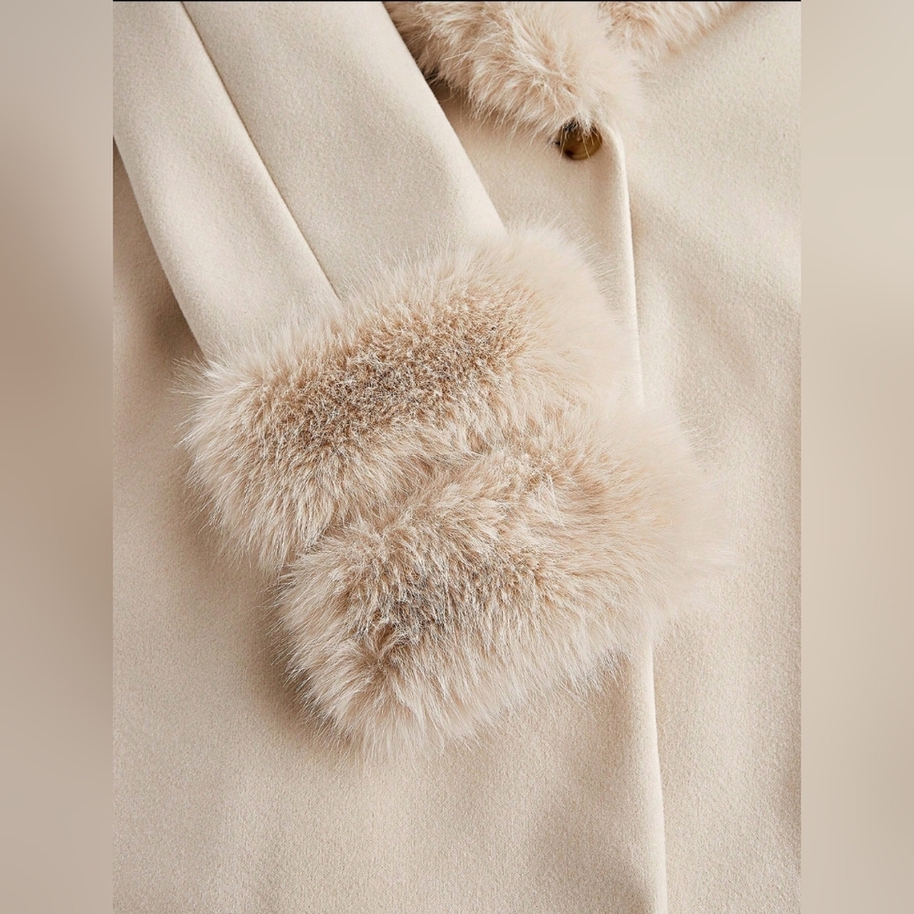 NEW Glam Faux Fur Borg Collar Double Breasted Tie Waist Jacket Coat Beige Cream - Picture 10 of 13